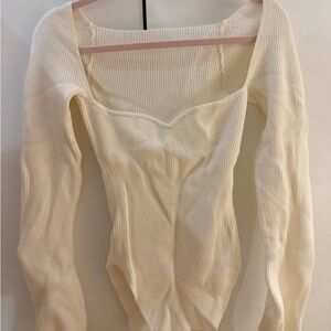 Cream Ribbed Long Sleeve Top